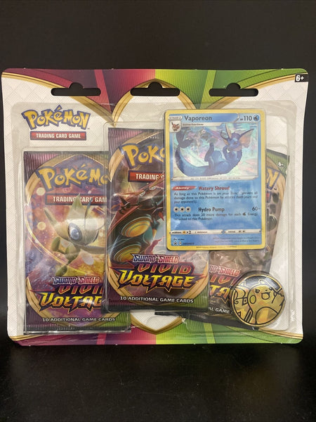 Pokemon TCG Sword & Shield Vivid Voltage 3-Pack Blister with Vaporeon Toy Mandala Pokemon TCG Sword & Shield Vivid Voltage 3-Pack Blister with Vaporeon Toy Mandala